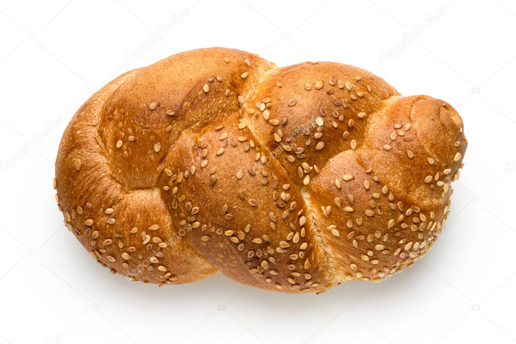 Plaited white bread roll with sesame seeds isolated on white. To