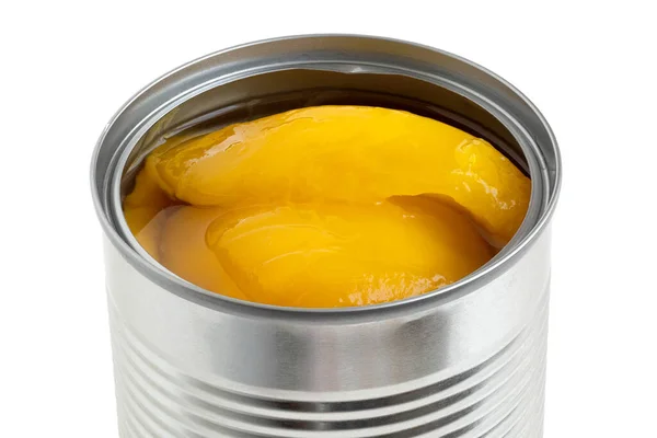 Kawałki Mango Puszce Syropie Metalowej Puszce Wyizolowane Białym Szczegóły — Zdjęcie stockowe