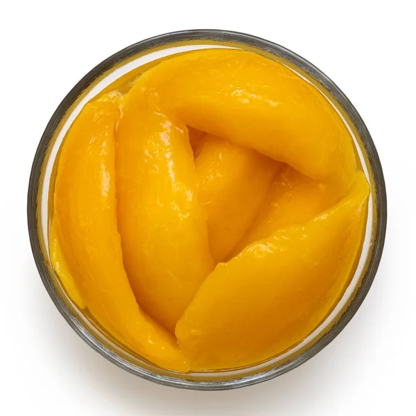 Canned Mango Slices Syrup Glass Bowl Isolated White Top View — Stock Photo, Image