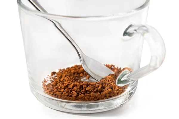 Dettaglio Caffè Istantaneo Secco Una Tazza Vetro Con Cucchiaio Metallo — Foto Stock