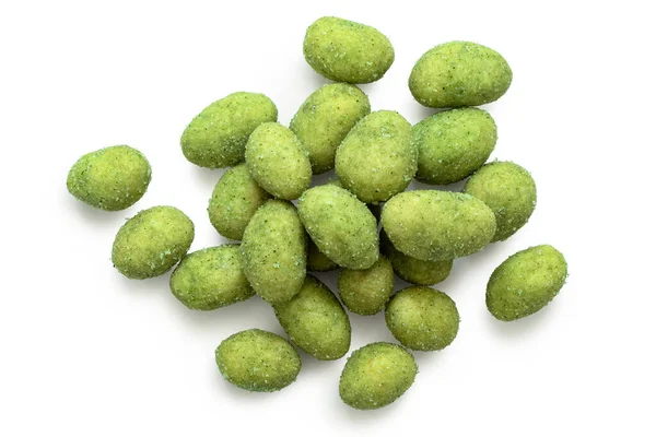 Pile Wasabi Coated Peanuts Isolated White Top View — Stock Photo, Image