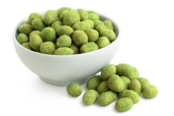 Wasabi Coated Peanuts White Ceramic Bowl Next Pile Wasabi Peanuts — Stock Photo, Image