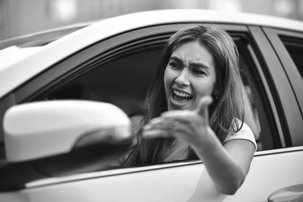 Accident Young Caucasian Girl Driving Car Shocked Have Traffic Accident — Stock Photo, Image