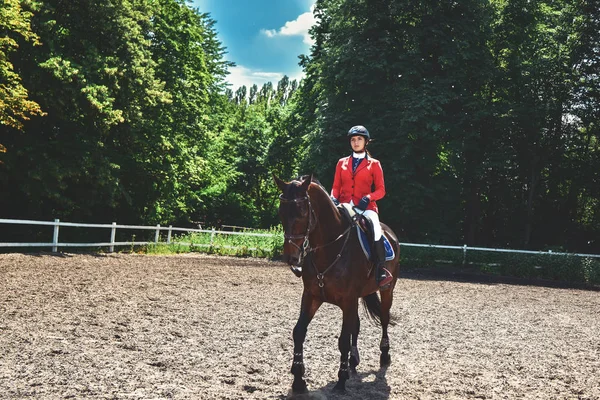 Młoda dziewczyna całkiem Jockey przygotowuje konia do jazdy. konie miłosne. Dziewczyna jedzie na konia — Zdjęcie stockowe