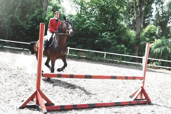 Młody żeński Jockey na koń skaczący przez przeszkodę. Jeździectwo — Zdjęcie stockowe