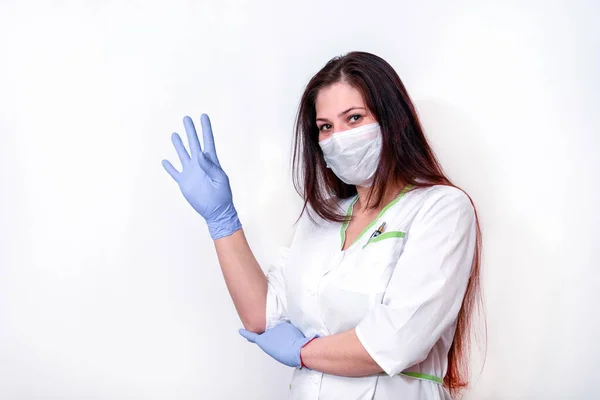 Red Haired Female Doctor White Coat Protective Mask Blue Medical — Stock Photo, Image