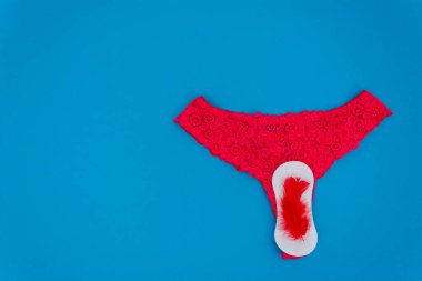 Mavi arka planda, kadınların iç çamaşırları dantelli ve tamponlu kırmızıdır..