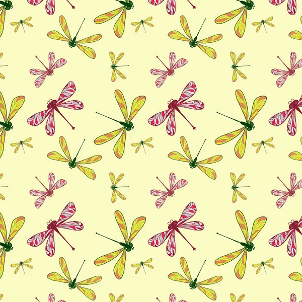 Pattern Dragonflies Colorful Wings Yellow Background — Stock Photo, Image