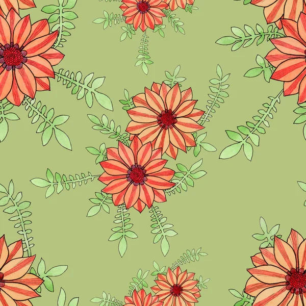 Red Flowers Seamless Pattern Olive Background Retro Motifs Floral Vibrant — Stock Photo, Image