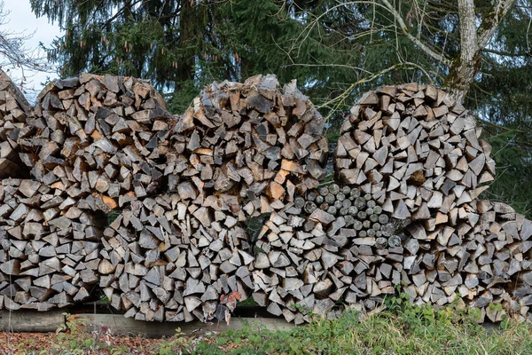 Wycięty Stos Drewna Zielonej Łące Lasem Tle — Zdjęcie stockowe