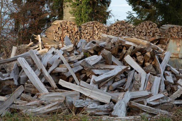 cut wood on a large meadow with cut wood in the background, close up view