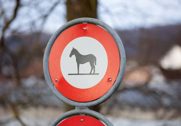 Red White Horses Prohibition Sign Front Blurred Background Stock Image