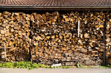Yağmurdan korunan güzel kahverengi odunları doğradı ve kesti ve sıcak bir kış için tuğla çatı altında kötü hava şartlarını korudu.