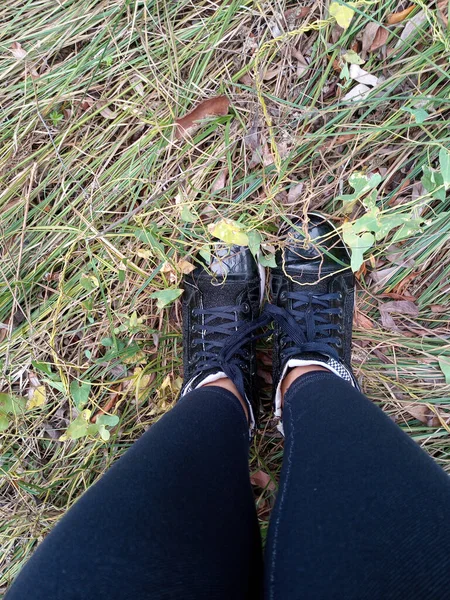 Women's legs in black clothes and shoes stand on the autumn grass.