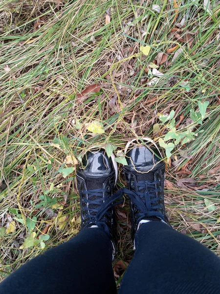 Women\'s legs in black clothes and shoes stand on the autumn grass.