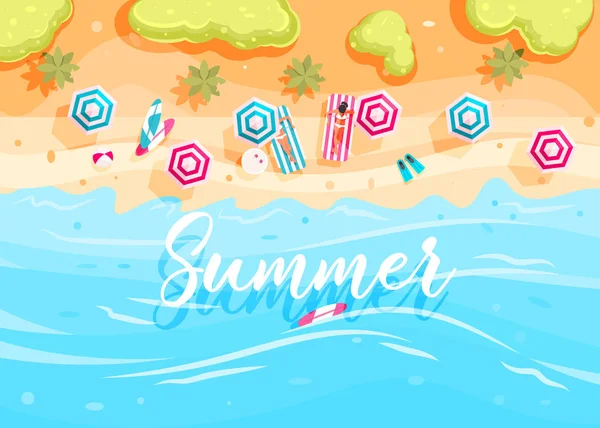 Menschen Schwimmen Und Sonnen Sich Strandhintergrund Von Oben Mit Sonnenschirmen — Stockvektor