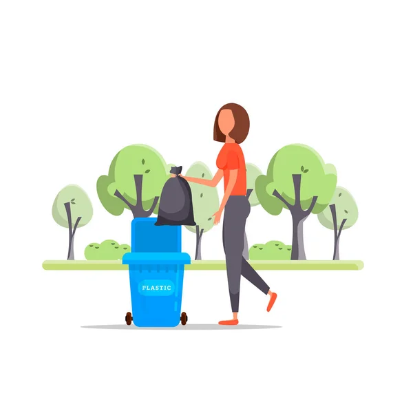 Mujer mano lanza basura en una botella de plástico — Vector de stock