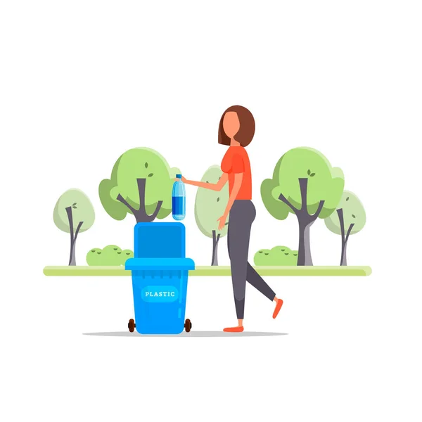 Woman hand throws garbage into a plastic bottle — Stock Vector