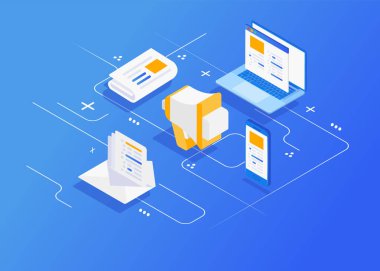 Dijital pazarlama kavramı. Giden pazarlama. İzometrik karakter dijital pazarlama ajansı.