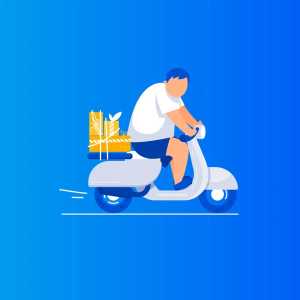 Entrega de regalos El hombre está montando un scooter . — Vector de stock