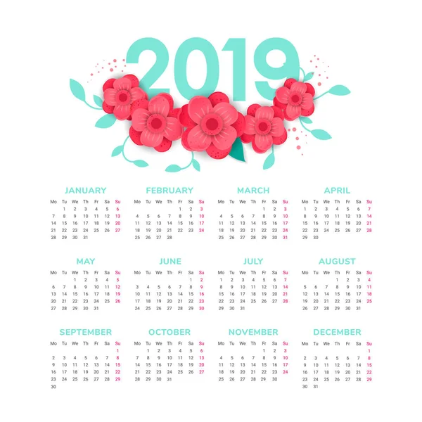 Vetor de 2019 calendário de ano novo com flores — Vetor de Stock