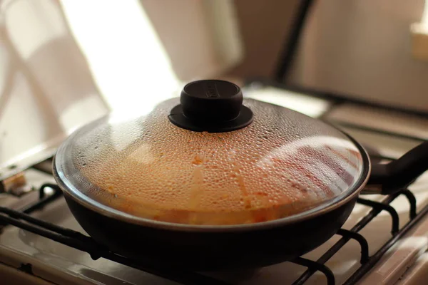 Padella di ferro con cavolo brasato, colpo orizzontale — Foto Stock