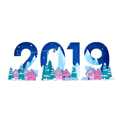 Kış manzara mutlu yeni yıl için kar ve numaraları 2019 köknar ağaçlarıyla 