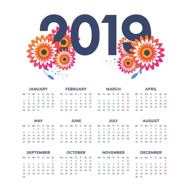 Vektör çiçekli 2019 yeni yıl takvimin
