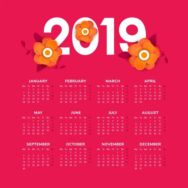 Vektor kalender tahun baru 2019 dengan bunga - Stok Vektor
