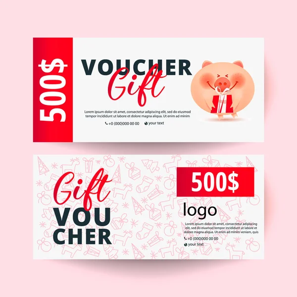 Gift voucher with pig  and modern pattern — Stock Vector