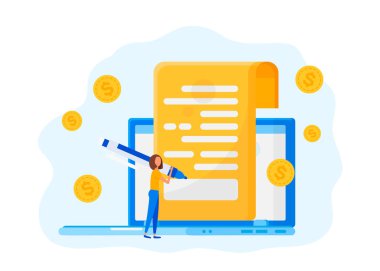 Online sözleşme akdi. Küçük kız belgeyi imzalar. Yeni bir proje yatırım