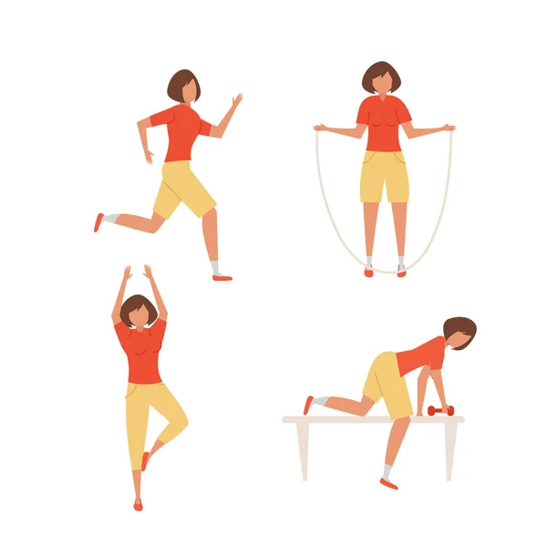 Chica Dibujos Animados Diferentes Poses Haciendo Deportes Diferentes Acciones Vector — Vector de stock