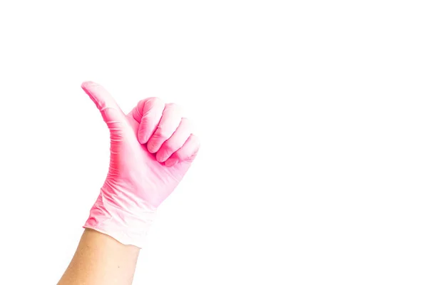 Female hands in white medical gloves showing like sign. — Stock Photo, Image