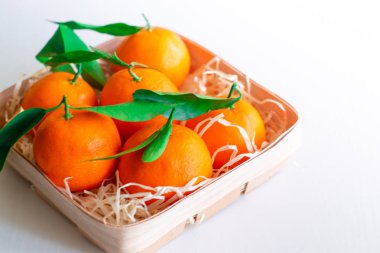 Sepet içinde yeşil yaprakları ile mandalina 