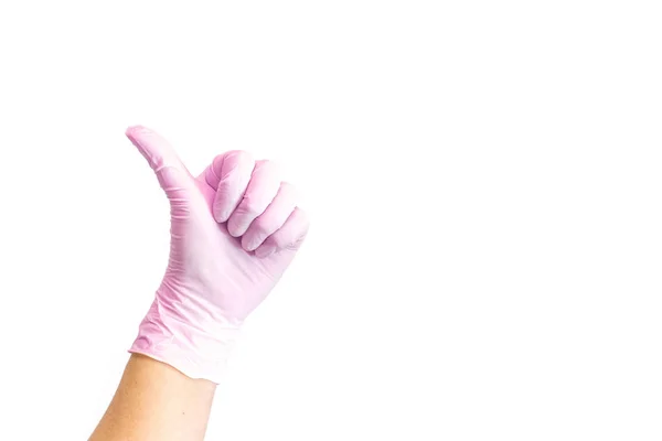 Női kéz a mutatja, mint a jel fehér orvosi kesztyűk. — Stock Fotó