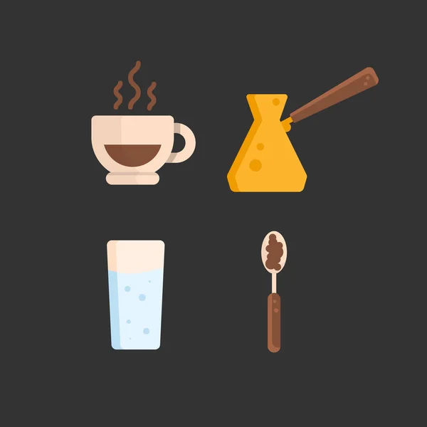 Кофейный рисунок Набор икон: чашка кофе, Cezve, чайная ложка с растворимым кофе, стакан воды — стоковый вектор
