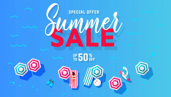 Diseño de banner de venta de verano con playa, niñas, verano, sombrilla, tomar el sol concepto . — Vector de stock