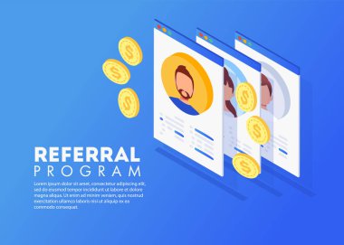 İzometrik tavsiye pazarlama, pazarlama, tavsiye programlar stratejisi, ağ arkadaşlar, iş ortaklığı, yönlendirme affiliate pazarlama kavramı.