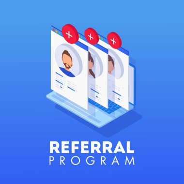 İzometrik tavsiye pazarlama, pazarlama, tavsiye programlar stratejisi, ağ arkadaşlar, iş ortaklığı, yönlendirme affiliate pazarlama kavramı.