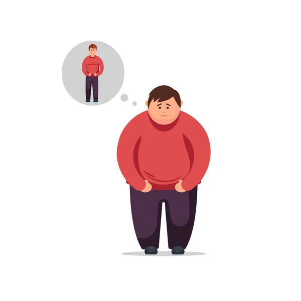 Flat design young man thinks how to lose weight and become thin — Stock Vector