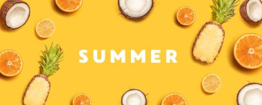 Tropikal meyve düz bir pastel arka plan üzerinde ananas, portakal, limon ve hindistan cevizi ile yatıyordu.