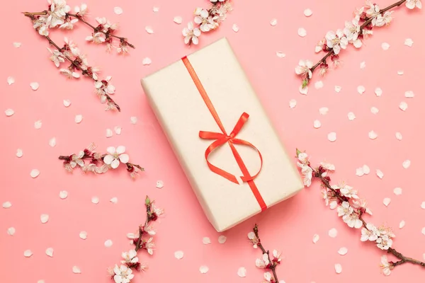 Caja sorpresa regalo con ramitas de flores y pétalos sobre fondo rosa — Foto de Stock