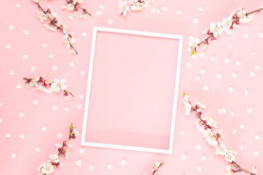 Beyaz çerçeve ve pembe arka plandaki çiçek dalları.