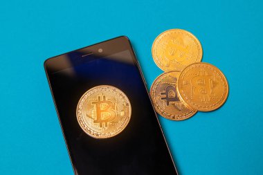 Dijital Bitcoin. Kripto para paraları ve internet bankacılığı ve ağ için akıllı telefon Elektronik sanal para