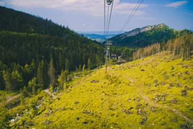 Yeşil uzun boylu yoğun ağaçlar, açık yeşil parlak vadi ve teleferik ile yaz dağ manzara