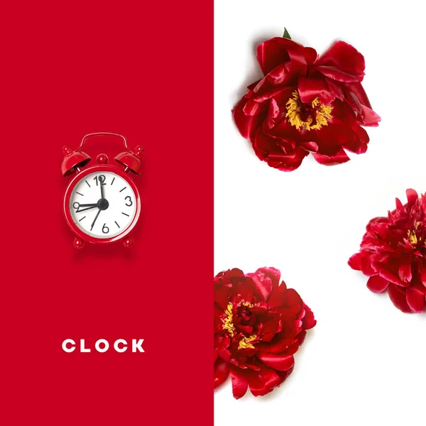 Flat lay creative morning composition of red alarm clocks pattern on gray background with space for text. Flat lay, top view