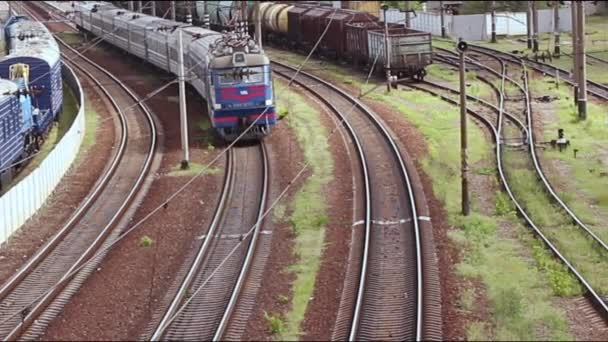 Ruchu Pociąg Biegną Wzdłuż Szyn Słoneczny Dzień Wiele Kolei Metalowych — Wideo stockowe