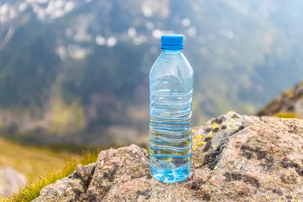 Pure water in plastic bottle stands on a stone in the background of mountains on a sunny day.