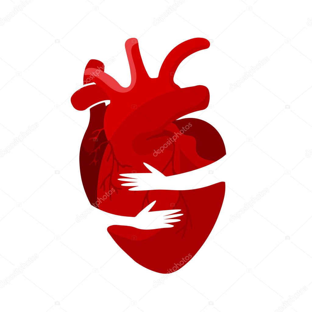 Medical concept of a red heart organ in an embrace. Can be used for posters, icons, web banners and cards