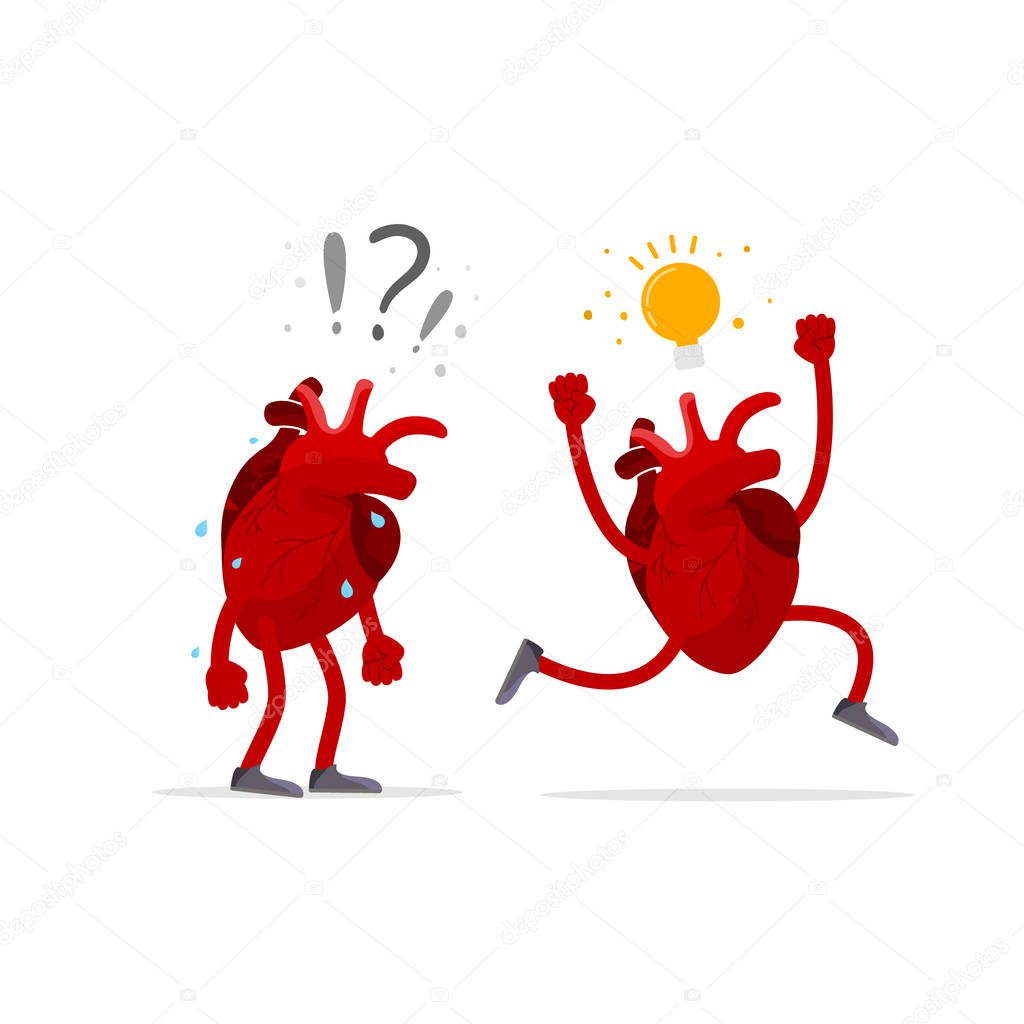 Idea generation concept Talent. Human heart organ with question sign and with idea bulb.